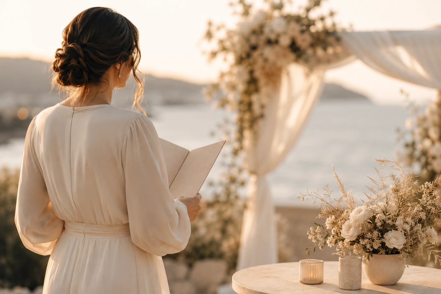 Celebrant reading from ceremony notes at an outdoor seaside wedding arch