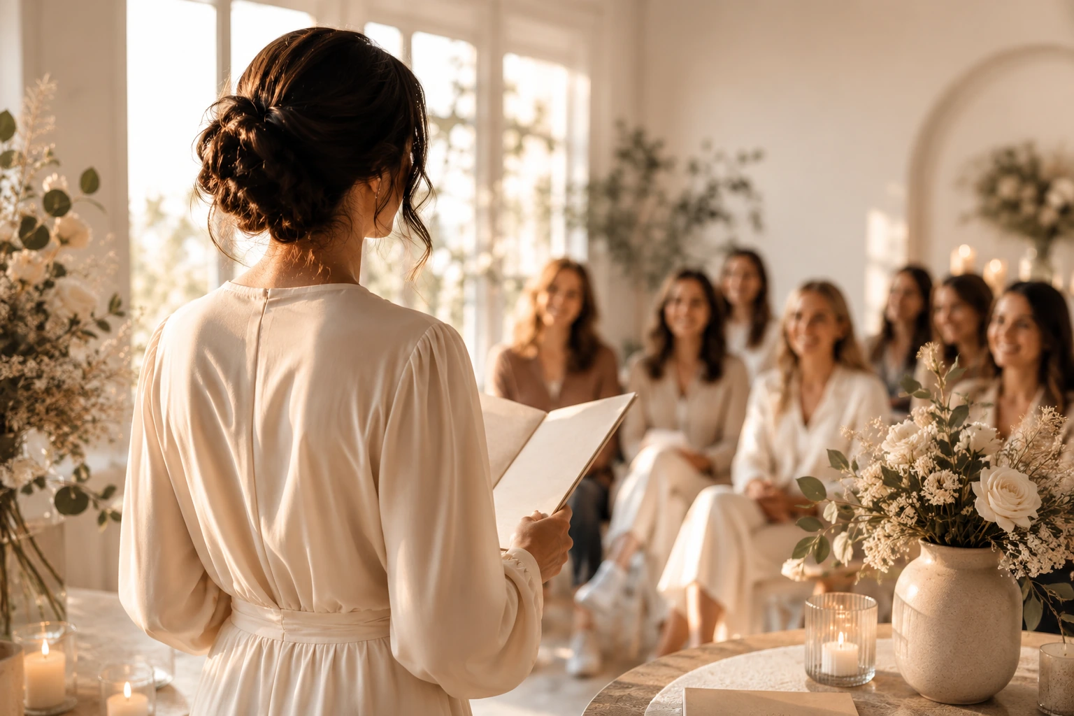Symbolic wedding ceremony in progress, celebrant addressing seated guests