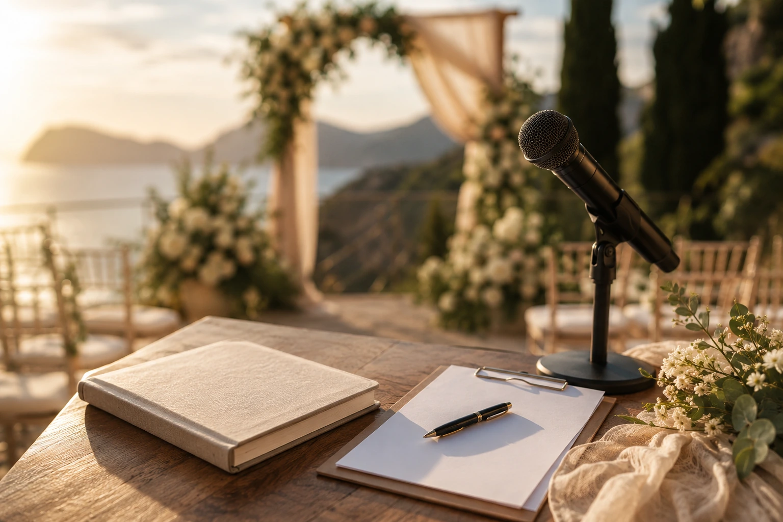 Microphone and notebook set for a destination wedding ceremony